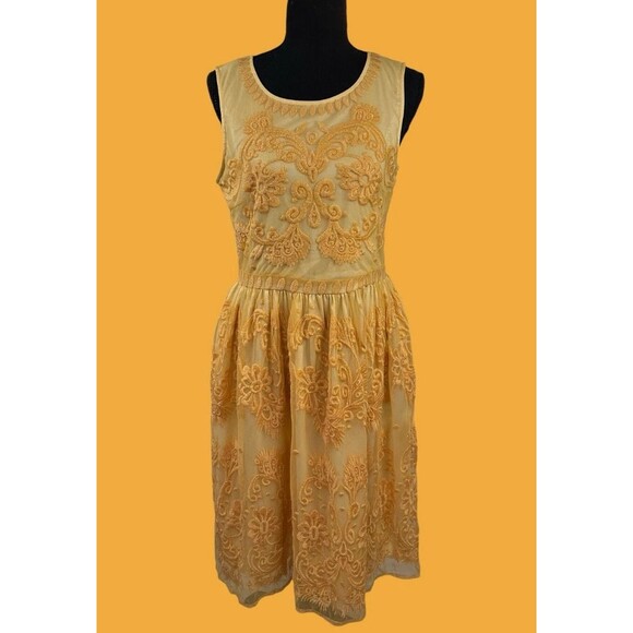 Sundance Deep Yellow Romantic Dress 10 Lace Embroidery Occasion Sleeveless Boho - Picture 3 of 14